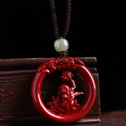 Buddha Stones Chinese Zodiac Cinnabar Hetian Jade Peace Buckle Calm Necklace Pendant Necklaces & Pendants BS Monkey Cotton Rope