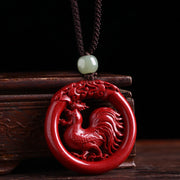 Buddha Stones Chinese Zodiac Cinnabar Hetian Jade Peace Buckle Calm Necklace Pendant Necklaces & Pendants BS Rooster Cotton Rope