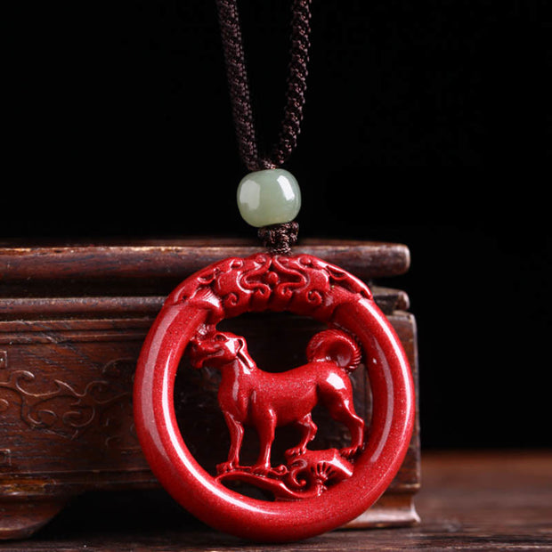 Buddha Stones Chinese Zodiac Cinnabar Hetian Jade Peace Buckle Calm Necklace Pendant Necklaces & Pendants BS Dog Cotton Rope