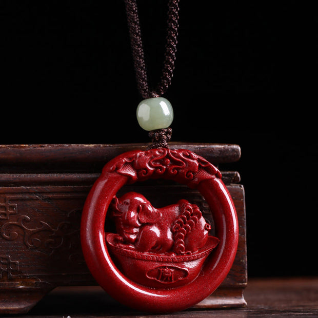 Buddha Stones Chinese Zodiac Cinnabar Hetian Jade Peace Buckle Calm Necklace Pendant Necklaces & Pendants BS Pig Cotton Rope