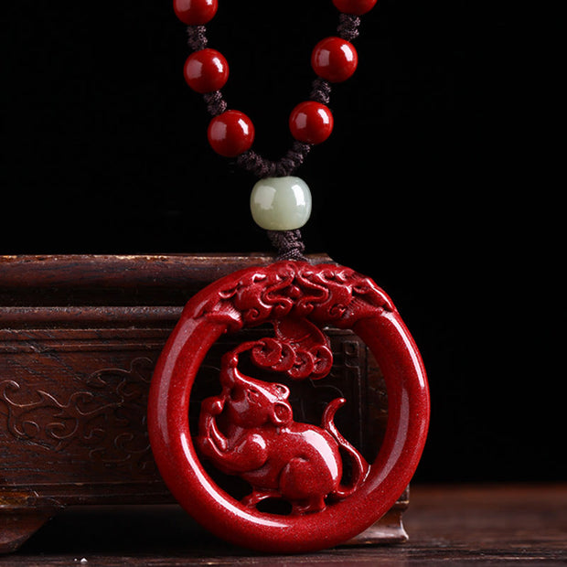 Buddha Stones Chinese Zodiac Cinnabar Hetian Jade Peace Buckle Calm Necklace Pendant Necklaces & Pendants BS Rat Bead Rope