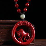 Buddha Stones Chinese Zodiac Cinnabar Hetian Jade Peace Buckle Calm Necklace Pendant Necklaces & Pendants BS Ox Bead Rope