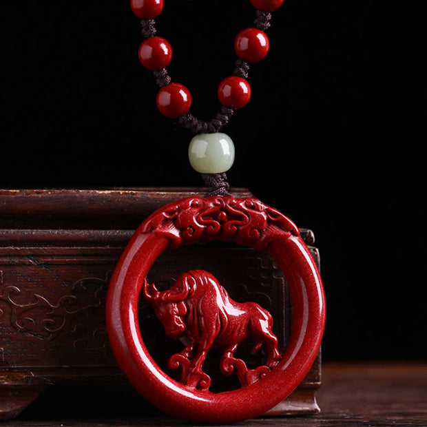 Buddha Stones Chinese Zodiac Cinnabar Hetian Jade Peace Buckle Calm Necklace Pendant