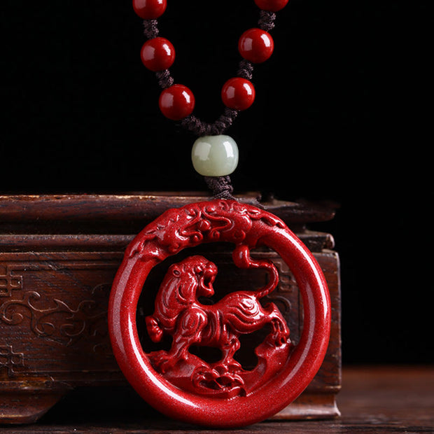 Buddha Stones Chinese Zodiac Cinnabar Hetian Jade Peace Buckle Calm Necklace Pendant Necklaces & Pendants BS Tiger Bead Rope