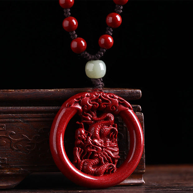 Buddha Stones Chinese Zodiac Cinnabar Hetian Jade Peace Buckle Calm Necklace Pendant Necklaces & Pendants BS Dragon Bead Rope