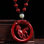 Buddha Stones Chinese Zodiac Cinnabar Hetian Jade Peace Buckle Calm Necklace Pendant Necklaces & Pendants BS Horse Bead Rope