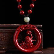 Buddha Stones Chinese Zodiac Cinnabar Hetian Jade Peace Buckle Calm Necklace Pendant Necklaces & Pendants BS Monkey Bead Rope