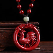 Buddha Stones Chinese Zodiac Cinnabar Hetian Jade Peace Buckle Calm Necklace Pendant Necklaces & Pendants BS Rooster Bead Rope