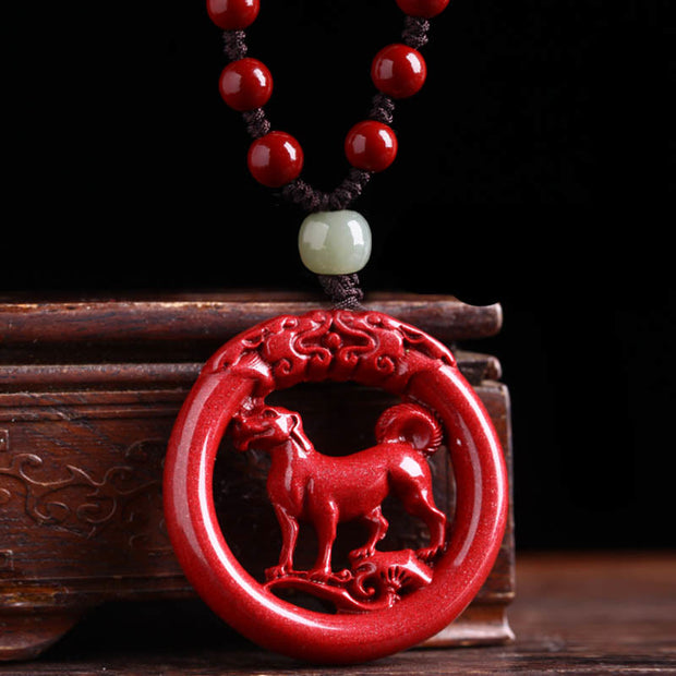 Buddha Stones Chinese Zodiac Cinnabar Hetian Jade Peace Buckle Calm Necklace Pendant Necklaces & Pendants BS Dog Bead Rope