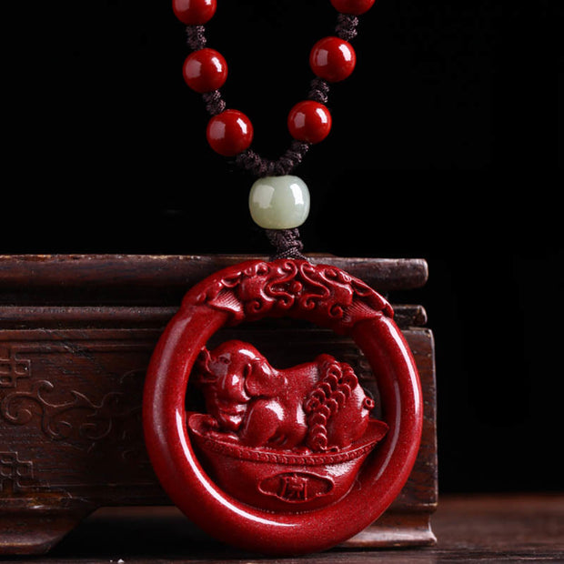 Buddha Stones Chinese Zodiac Cinnabar Hetian Jade Peace Buckle Calm Necklace Pendant Necklaces & Pendants BS Pig Bead Rope