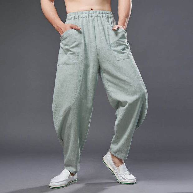 Buddha Stones Solid Color Cotton Ramie Linen Men's Elastic Waist Harem Pants With Pockets Men's Harem Pants BS 24