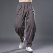 Buddha Stones Solid Color Cotton Ramie Linen Men's Elastic Waist Harem Pants With Pockets