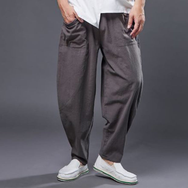 Buddha Stones Solid Color Cotton Ramie Linen Men's Elastic Waist Harem Pants With Pockets