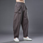 Buddha Stones Solid Color Cotton Ramie Linen Men's Elastic Waist Harem Pants With Pockets Men's Harem Pants BS 34