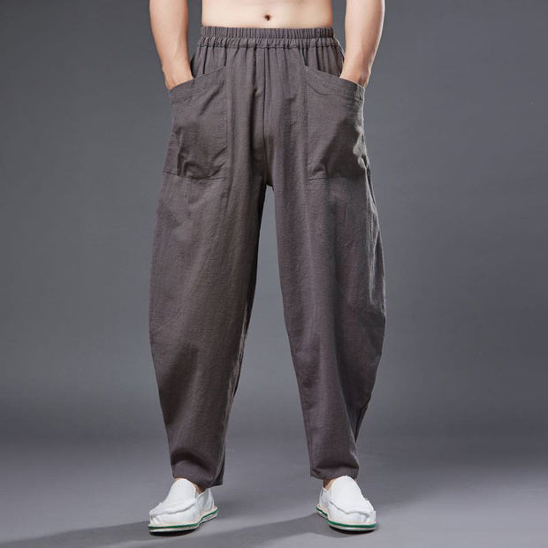 Buddha Stones Solid Color Cotton Ramie Linen Men's Elastic Waist Harem Pants With Pockets Men's Harem Pants BS 35