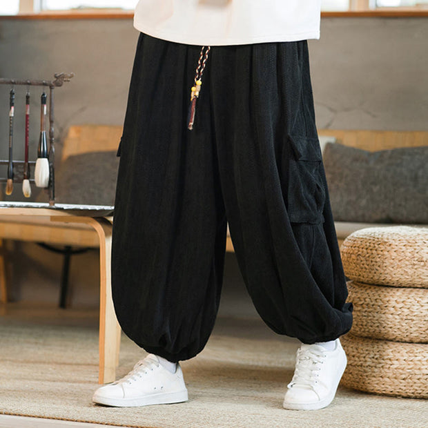 Buddha Stones Fall Winter Men's Drawstring Chenille Corduroy Cargo Pants With Pockets - Black - US/UK/AU46，EU56 (5XL) - image 0