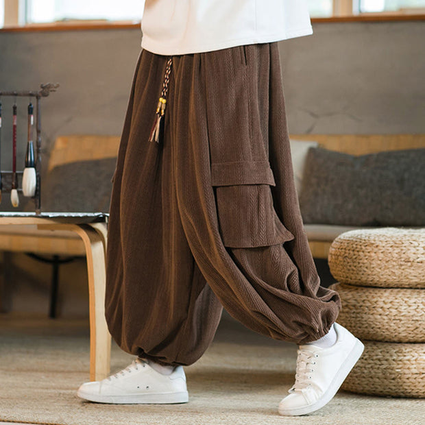 Buddha Stones Fall Winter Men's Drawstring Chenille Corduroy Cargo Pants With Pockets Men's Pants BS Black US/UK/AU46，EU56 (5XL)