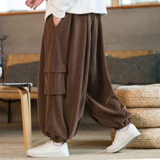 Buddha Stones Fall Winter Men's Drawstring Chenille Corduroy Cargo Pants With Pockets