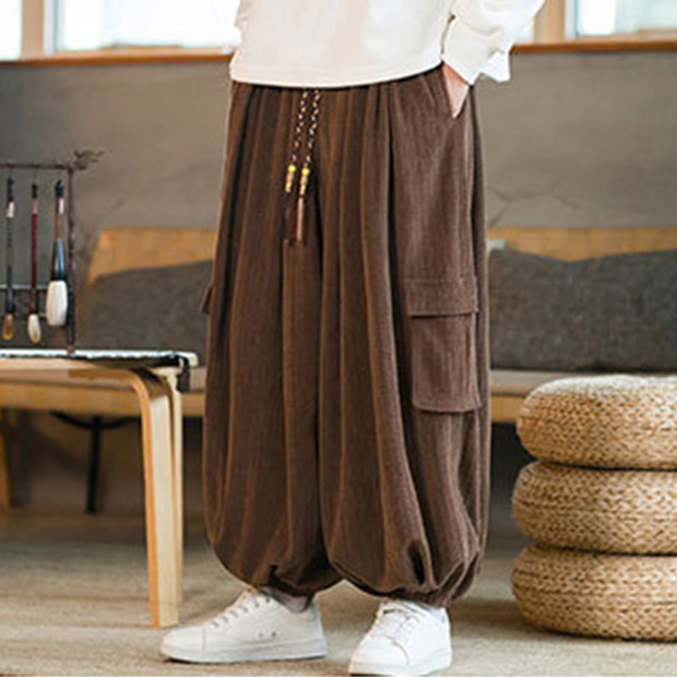 Buddha Stones Fall Winter Men's Drawstring Chenille Corduroy Cargo Pants With Pockets Men's Pants BS 21