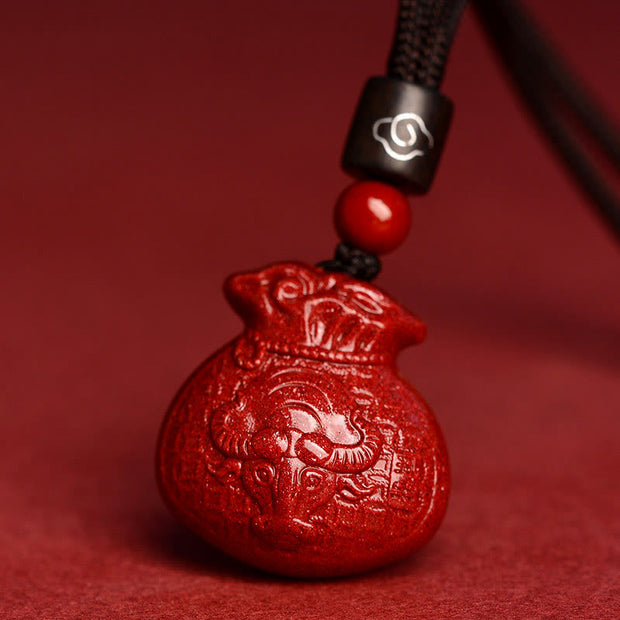 Buddha Stones Chinese Zodiac Money Bag Shape Cinnabar Calm Necklace Pendant Necklaces & Pendants BS Ox