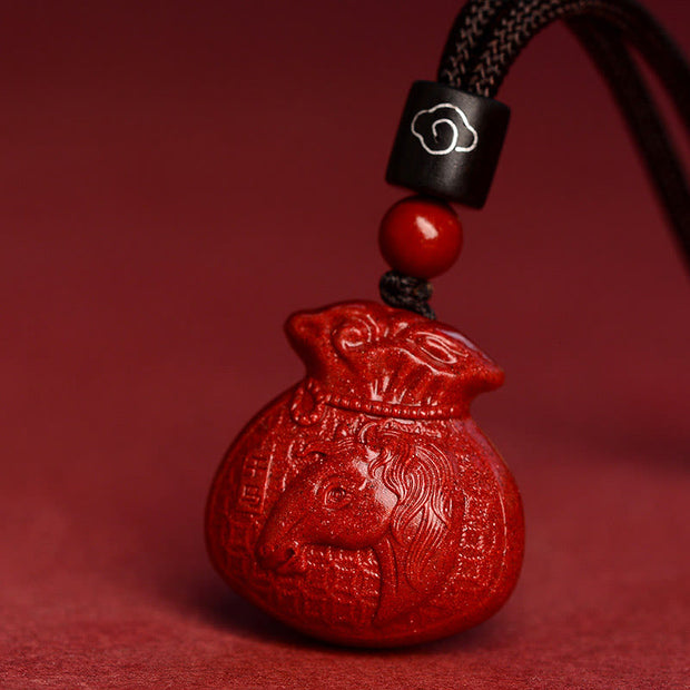 Buddha Stones Chinese Zodiac Money Bag Shape Cinnabar Calm Necklace Pendant Necklaces & Pendants BS Horse