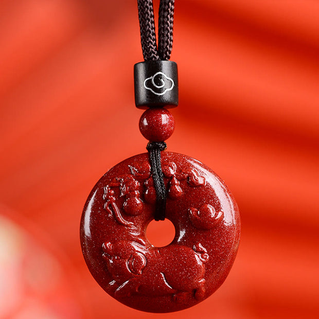 Buddha Stones Chinese Zodiac Cinnabar Peace Buckle Calm Necklace Pendant Necklaces & Pendants BS Pig Small 28*8mm