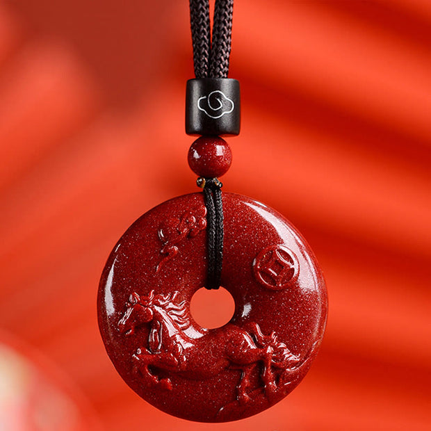 Buddha Stones Chinese Zodiac Cinnabar Peace Buckle Calm Necklace Pendant Necklaces & Pendants BS Horse Medium 32*9mm