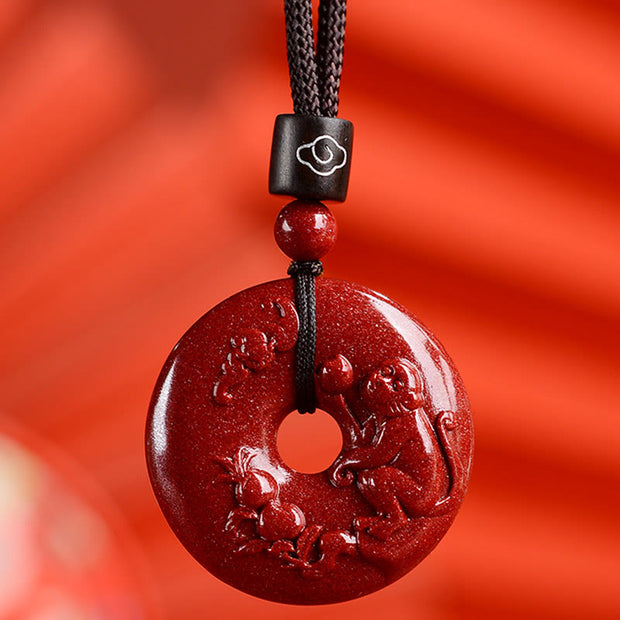 Buddha Stones Chinese Zodiac Cinnabar Peace Buckle Calm Necklace Pendant Necklaces & Pendants BS Monkey Medium 32*9mm