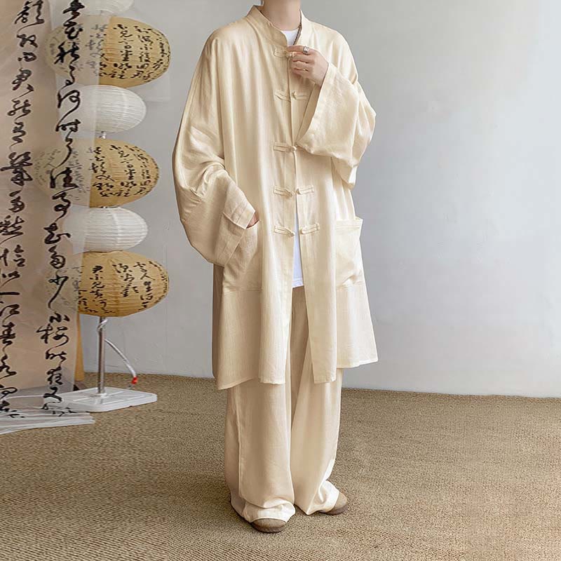 Buddha Stones 2Pcs Men's Long Sleeve Frog-Button Shirt Pants Buddha Stones 2Pcs Men's Long Sleeve Frog-Button Shirt Pants