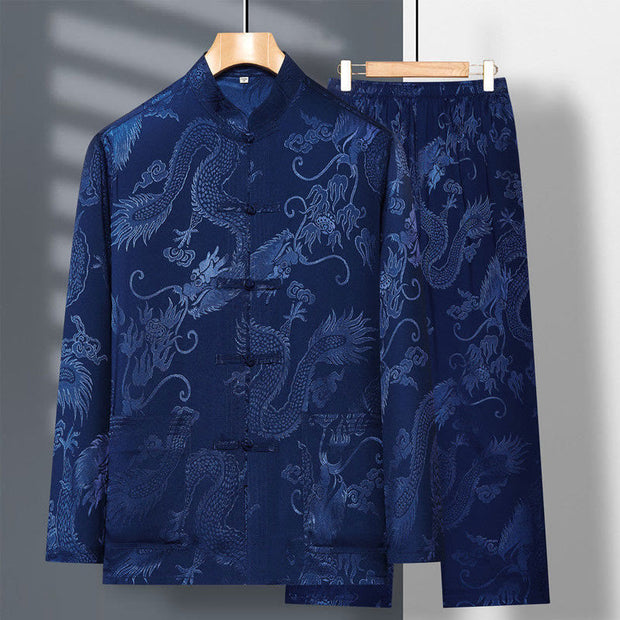 Buddha Stones 2Pcs Tang Suit Dragon Frog-Button Men's Long Sleeve Shirt Pants Clothing Set Men's Meditation Cloth BS SteelBlue US/UK/AU42，EU52 (3XL)