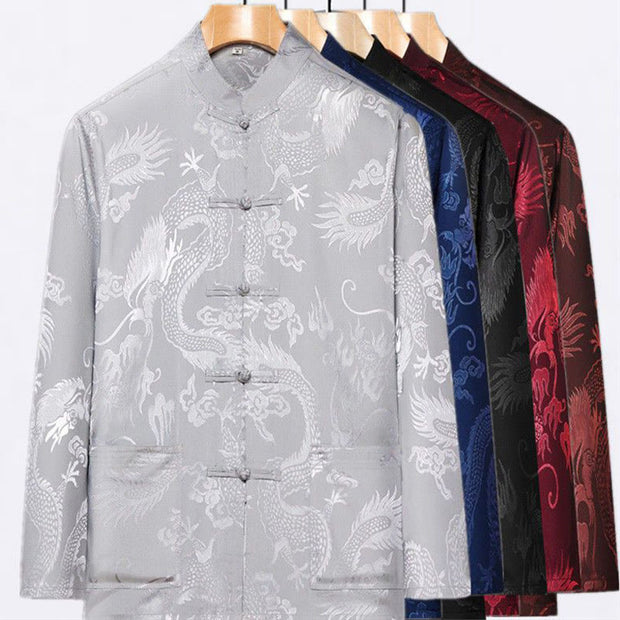 Buddha Stones 2Pcs Tang Suit Dragon Frog-Button Men's Long Sleeve Shirt Pants Clothing Set Men's Meditation Cloth BS 14