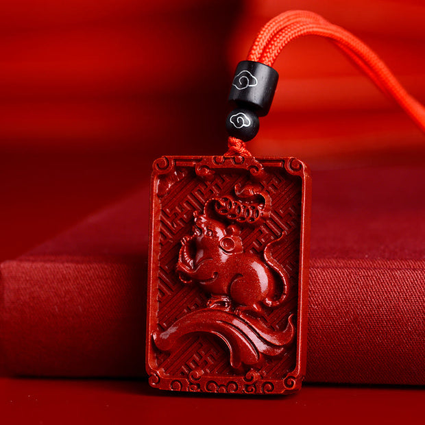 Buddha Stones Chinese Zodiac Cinnabar Rectangle Calm Necklace Pendant Necklaces & Pendants BS Rat