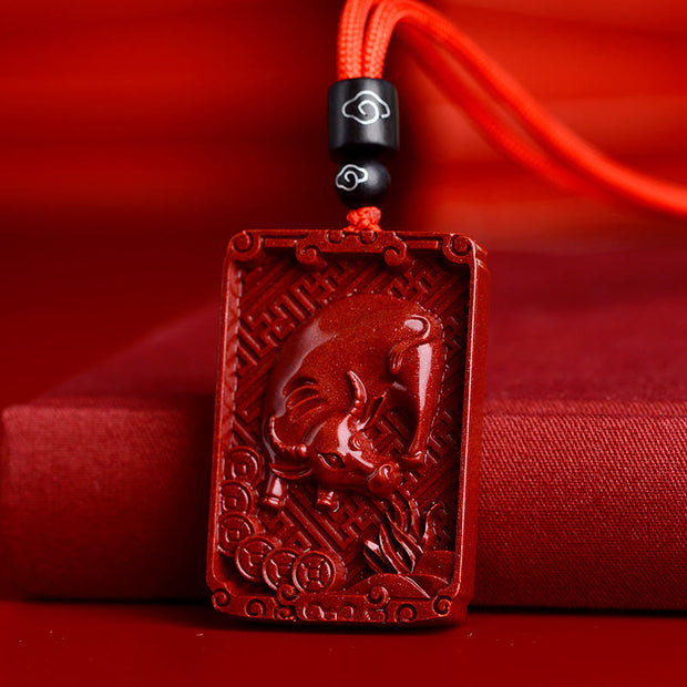 Buddha Stones Chinese Zodiac Cinnabar Rectangle Calm Necklace Pendant Necklaces & Pendants BS Ox