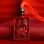 Buddha Stones Chinese Zodiac Cinnabar Rectangle Calm Necklace Pendant Necklaces & Pendants BS Rabbit