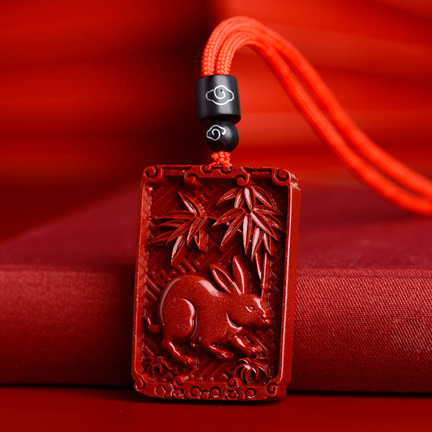 Buddha Stones Chinese Zodiac Cinnabar Rectangle Calm Necklace Pendant