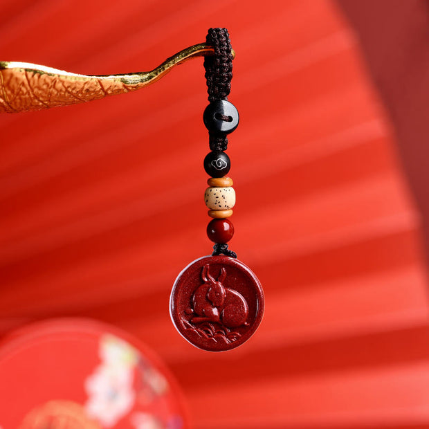 Buddha Stones Chinese Zodiac Cinnabar Calm Phone Hanging Decoration Key Chain Necklace Pendant Necklaces & Pendants BS Rabbit Key Chain