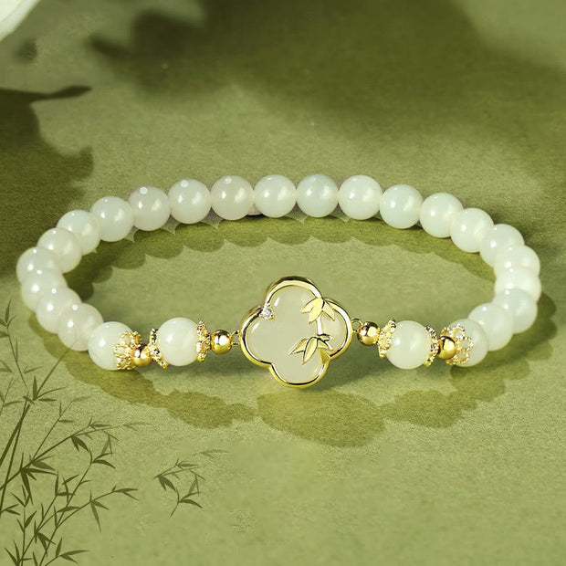 Buddha Stones Hetian Jade 925 Sterling Silver Four Leaf Clover Bamboo Luck Bracelet Bracelet BS Hetian Jade 925 Sterling Silver(Wrist Circumference: 14-16cm)