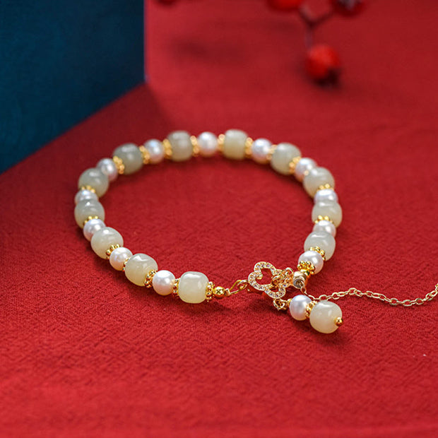 Buddha Stones Hetian Jade Pearl Alloy Four Leaf Clover Pendent Abundance Bracelet Bracelet BS 2