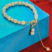 Buddha Stones Hetian Jade Pearl Alloy Four Leaf Clover Pendent Bracelet