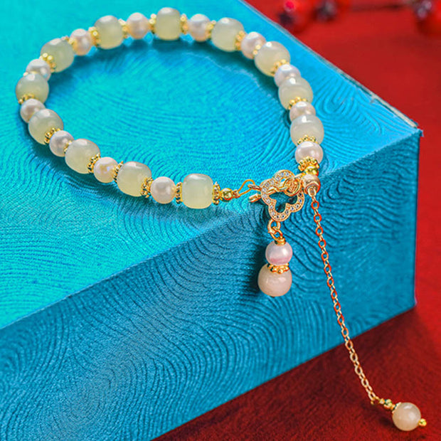 Buddha Stones Hetian Jade Pearl Alloy Four Leaf Clover Pendent Bracelet