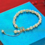 Buddha Stones Hetian Jade Pearl Alloy Four Leaf Clover Pendent Abundance Bracelet Bracelet BS 10