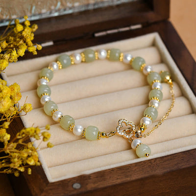 Buddha Stones Hetian Jade Pearl Alloy Four Leaf Clover Pendent Abundance Bracelet Bracelet BS Hetian Jade Pearl(Wrist Circumference: 14-16cm)