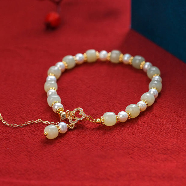 Buddha Stones Hetian Jade Pearl Alloy Four Leaf Clover Pendent Bracelet