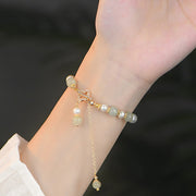 Buddha Stones Hetian Jade Pearl Alloy Four Leaf Clover Pendent Bracelet