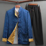 Buddha Stones 2Pcs Men's Tang Suit Koi Fish Pattern Frog-Button Long Sleeve Shirt Pants Set