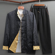 Buddha Stones 2Pcs Men's Tang Suit Koi Fish Pattern Frog-Button Long Sleeve Shirt Pants Set