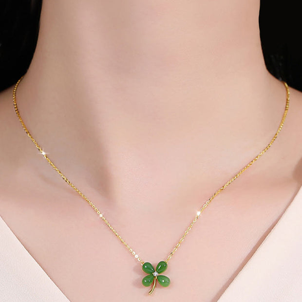 Buddha Stones Jade 925 Sterling Silver Four Leaf Clover Luck Necklace Pendant Necklaces & Pendants BS 9