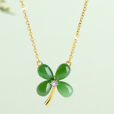 Buddha Stones Jade 925 Sterling Silver Four Leaf Clover Luck Necklace Pendant Necklaces & Pendants BS Jade 925 Sterling Silver