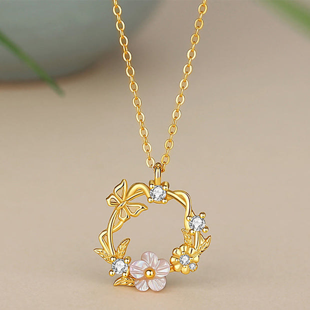 Buddha Stones 925 Sterling Silver Cubic Zirconia Shell Butterfly Peach Blossom Blessing Necklace Pendant Necklaces & Pendants BS 1