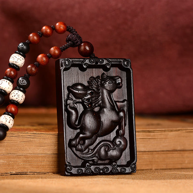 Buddha Stones Chinese Zodiac Small Leaf Red Sandalwood Calm Necklace Pendant